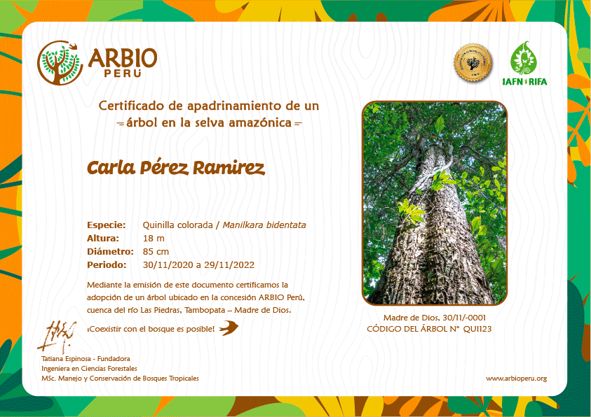 ARBIO. Certificado de adopcion de arbol amazonico